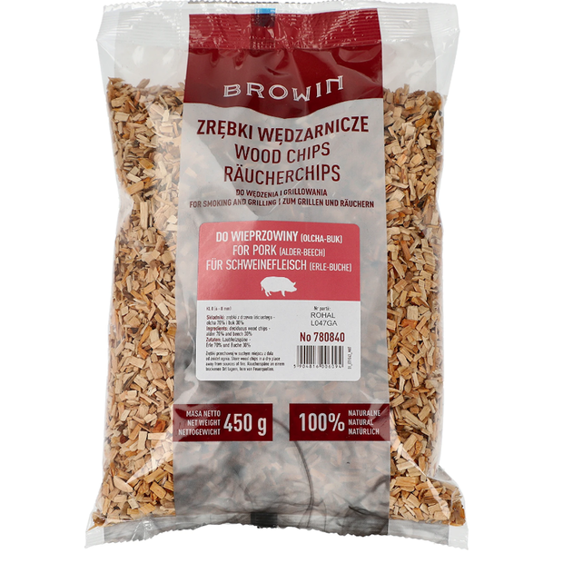 Wood chips for smoking/grilling of pork, 70% alder + 30% beech, 450 g, class 8