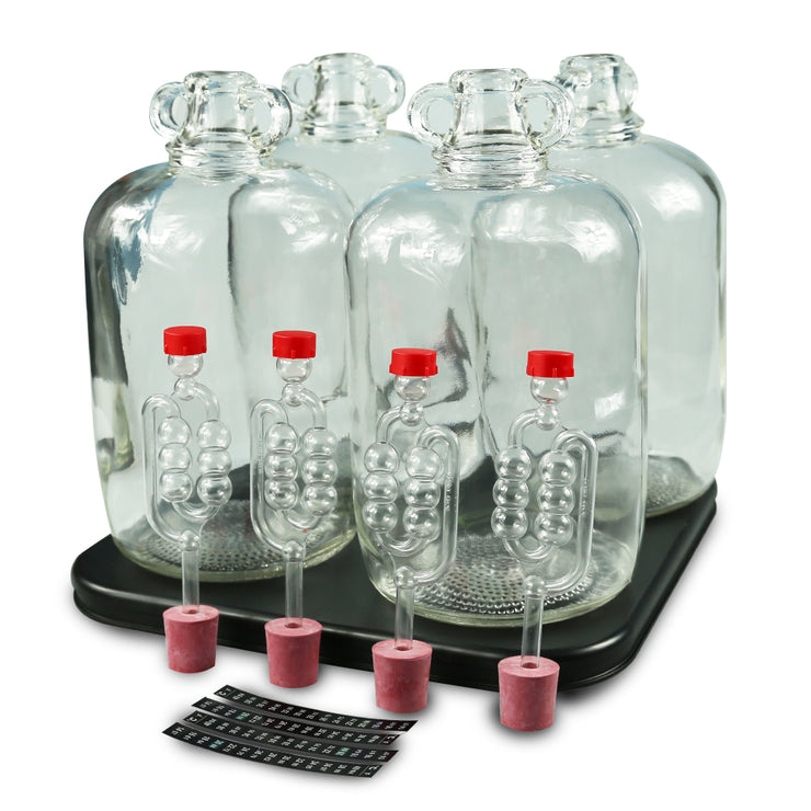 4 x 5ltr Glass Demijohns With 4 Demi Heat Pad, Bungs, Airlocks & LCD Thermometers